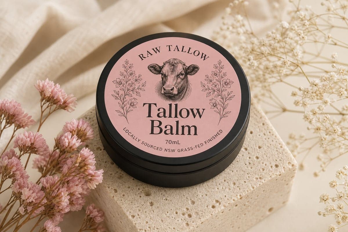 Black amber jar of Raw Tallow Floral Tallow Balm with soft pink circular label on travertine and dried florals