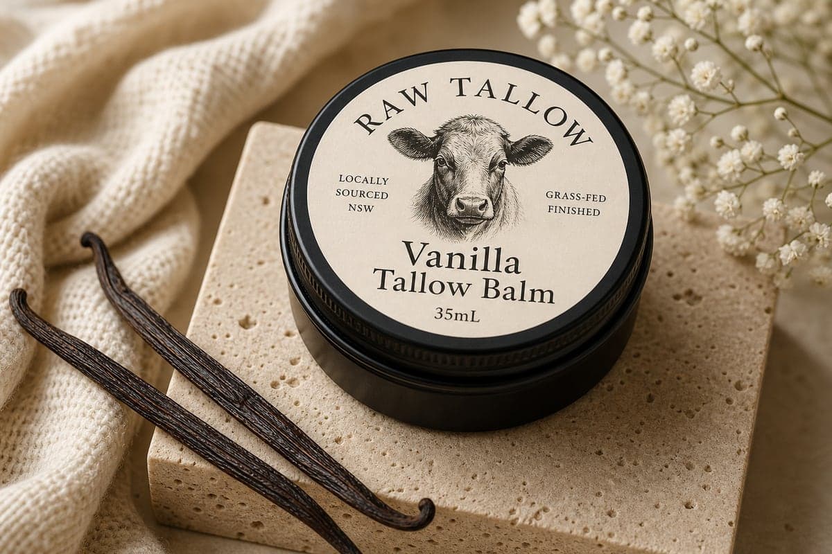 Black amber jar of Raw Tallow Vanilla Tallow Balm with cream label and vanilla pod set styling
